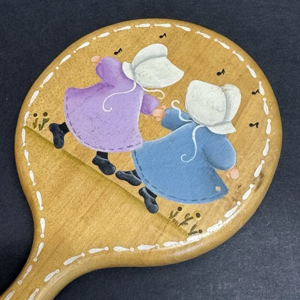 Vtg Hand‎ Painted Wooden Beveled Hand Mirror Children Girls Vanity Mirror Signed
